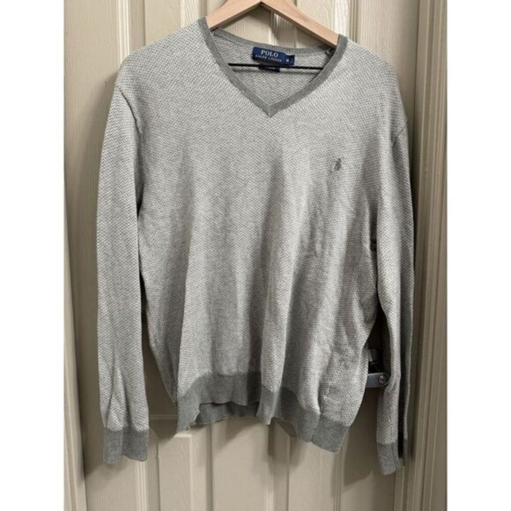 Polo Ralph‎ Lauren Pima Cotton V- Neck Sweater Mens Medium Gray Long Sleeve